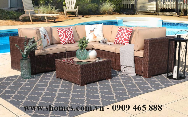 banghenhuamayngoaitroimaunau 5386 - SOFA NHỰA MÂY NGOÀI TRỜI DÁNG CHỮ L 4 CHỖ NGỒI