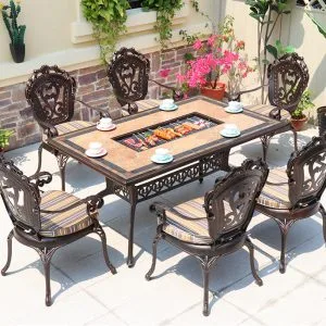 Bàn ghế nhôm đúc mặt đá bếp nướng cho 6 người, phân phối bàn ghế ngoài trời, bàn ghế nhập khẩu, nội thất sân vườn, bàn ghế nhôm đúc, chuyên bàn ghế ngoài trời, bàn ghế ngoài trời giá sỉ