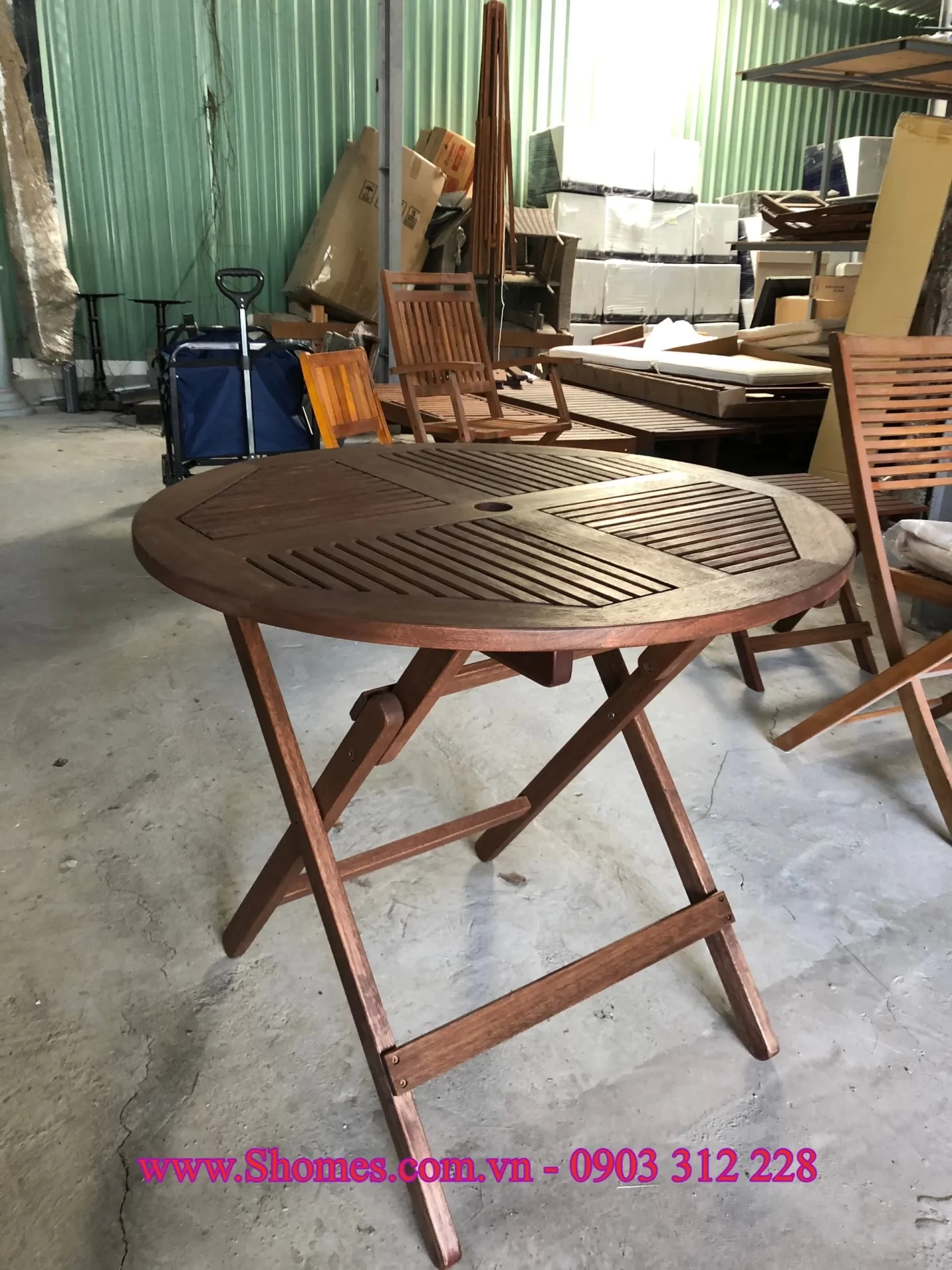 Bàn gỗ xếp hình tròn 1,8m mua ban ghe go ngoai troi 3035