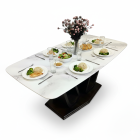 Bàn ăn chữ nhật 140x90x75cm mặt đá ceramic chân gỗ cao su - hình 1