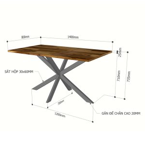 Bàn ăn chữ nhật KANE 01 140 160x80 gỗ tràm chân sắt - hình 1