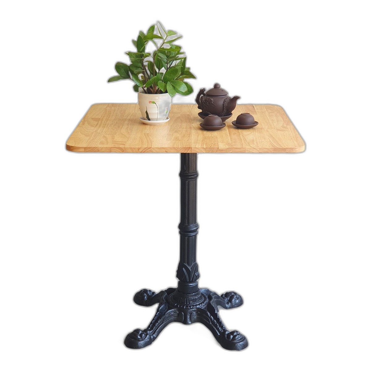 Bàn cafe vuông 70x70cm gỗ cao su chân bằng gang đúc nghệ thuật CFD68193 Bàn cafe vuông 70x70cm gỗ cao su chân bằng gang đúc nghệ thuật CFD68193