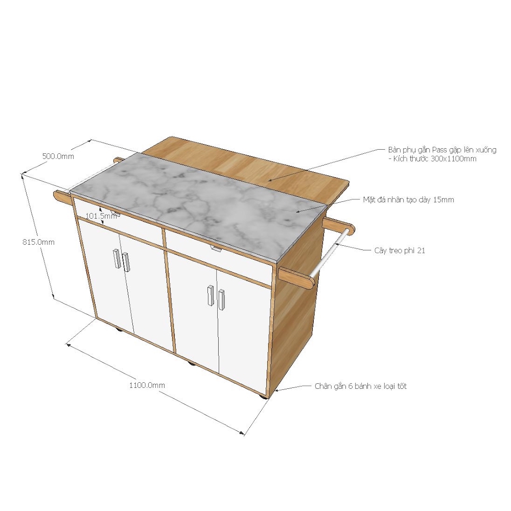 Bàn đảo bếp di động có bánh xe mặt đá (110x50x90cm) Bàn đảo bếp di động có bánh xe mặt đá (110x50x90cm) - hình 2