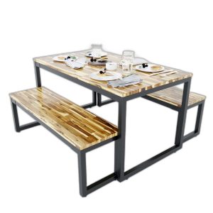 Bàn ghế Ăn Gỗ Tràm 140x80cm Và 2 Ghế Băng Dài