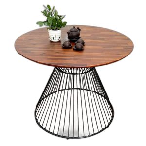 Bàn tròn 100 120cm gỗ tràm chân sắt cổ lọ
