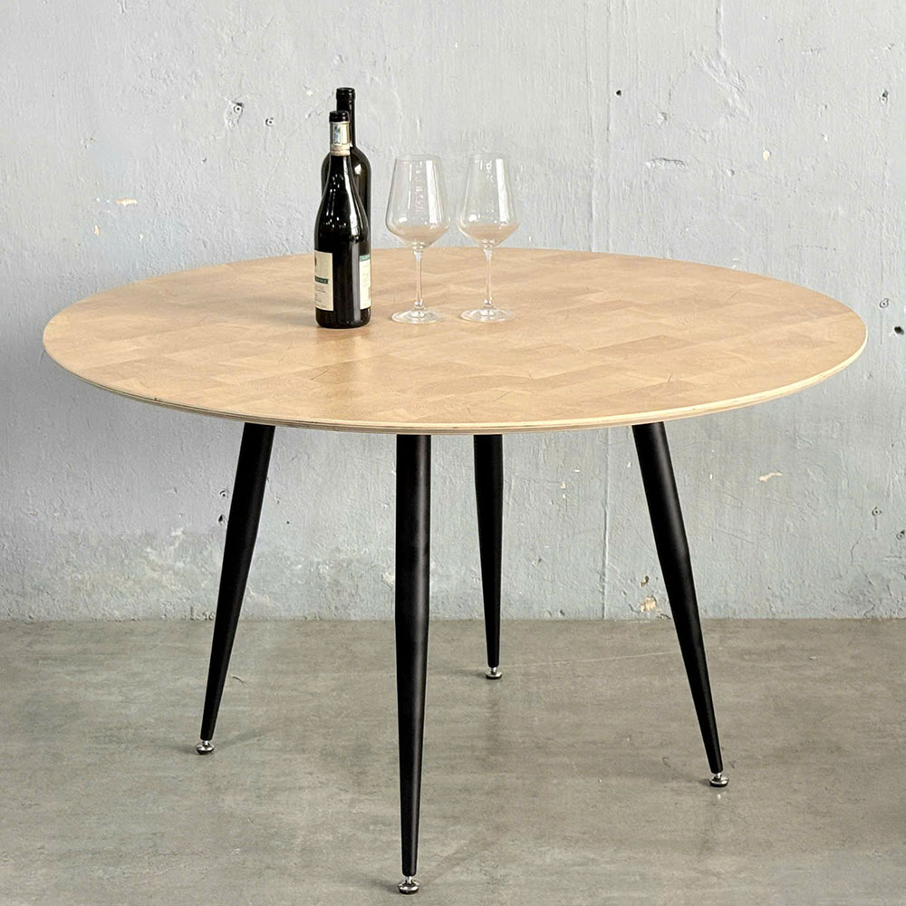Bàn tròn 120cm gỗ Plywood vân Cut Trunk chân sắt côn Bàn tròn 120cm gỗ Plywood vân Cut Trunk chân sắt côn - hình 1