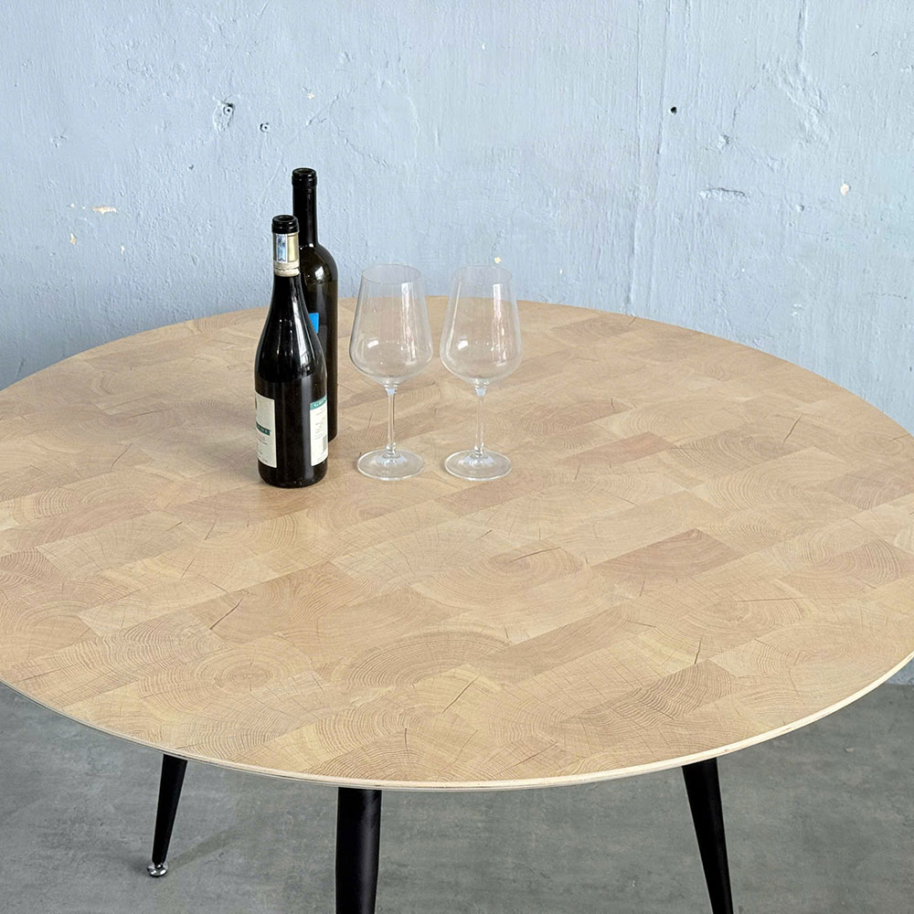 Bàn tròn 120cm gỗ Plywood vân Cut Trunk chân sắt côn Bàn tròn 120cm gỗ Plywood vân Cut Trunk chân sắt côn - hình 5