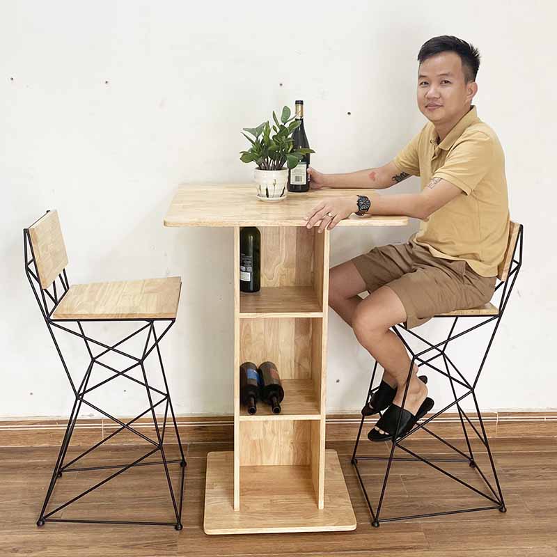 Bộ bàn bar kết hợp tủ và 2 ghế bar gỗ khung sắt C Bộ bàn bar kết hợp tủ và 2 ghế bar gỗ khung sắt C - hình 5