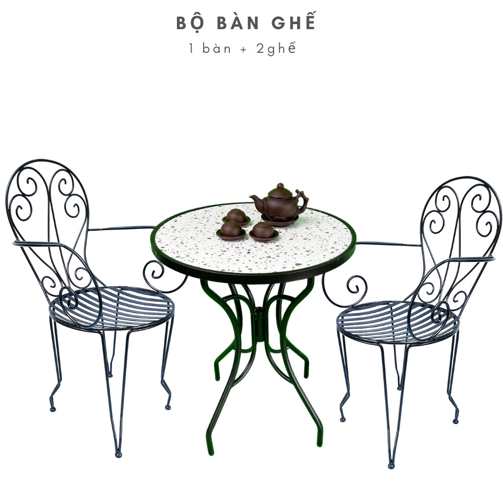 Bộ bàn ghế cafe mặt gạch men và 2 ghế sắt hoa văn C Bộ bàn ghế cafe mặt gạch men và 2 ghế sắt hoa văn C - hình 2