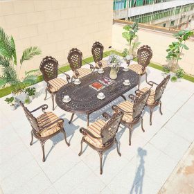 Bộ Bàn Ghế Sân Vườn Nhôm Đúc 8 Ghế Nâu Hoa Văn Chạm Khắc Oval - hình 1