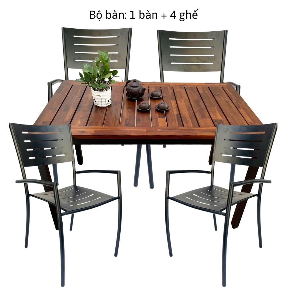 Bộ bàn ngoài trời gỗ tràm và 4 ghế sắt có tay vịn C Bộ bàn ngoài trời gỗ tràm và 4 ghế sắt có tay vịn C - hình 3