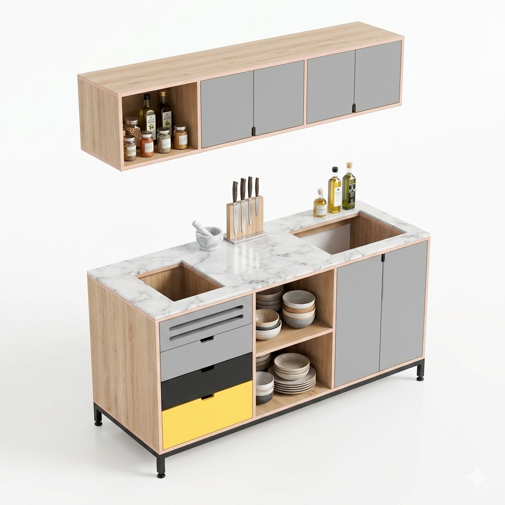 Bộ tủ bếp mini mặt đá hoa cương gỗ cao su Bộ tủ bếp mini mặt đá hoa cương gỗ cao su - hình 4
