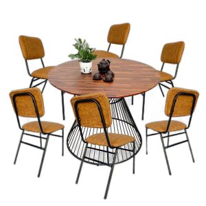 Combo bàn ăn tròn và 6 ghế khung sắt bọc nệm
