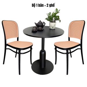 Combo bàn cafe tròn và 2 ghế nhựa giả mây C - hình 1