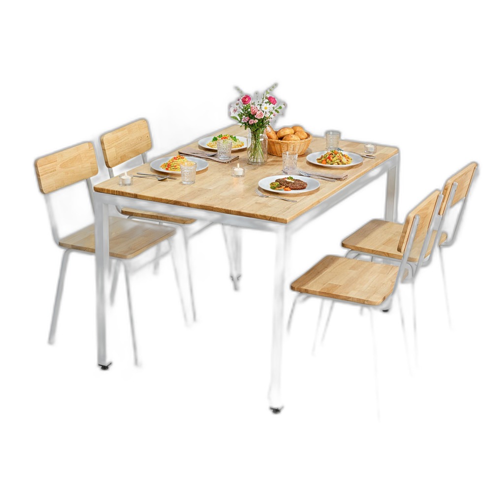 Combo bộ bàn ăn đơn giản và 4 ghế gỗ cao su chân sắt Combo bộ bàn ăn đơn giản và 4 ghế gỗ cao su chân sắt