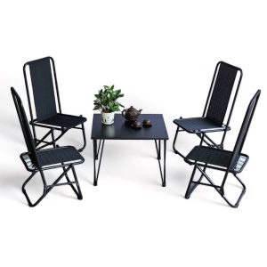 Combo bộ bàn cafe vuông gỗ cao su và 4 ghế lưới xếp gọn C - hình 1