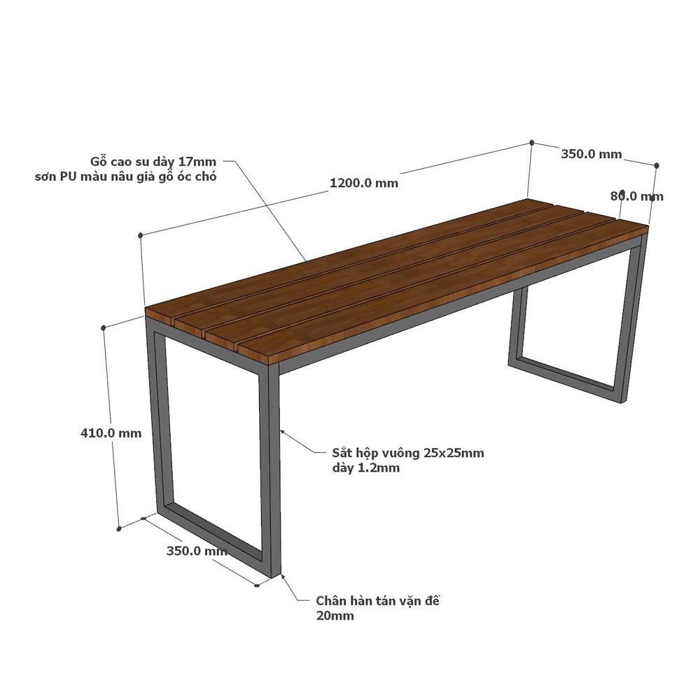 Ghế băng dài 120x35cm gỗ cao su chân sắt sơn tĩnh điện Ghế băng dài 120x35cm gỗ cao su chân sắt sơn tĩnh điện - hình 1