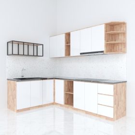 Hệ tủ bếp chữ L gỗ cao su chống ẩm - hình 1