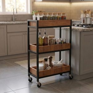 Kệ gia vị di động 50x26x93cm gỗ cao su khung chân sắt - hình 1