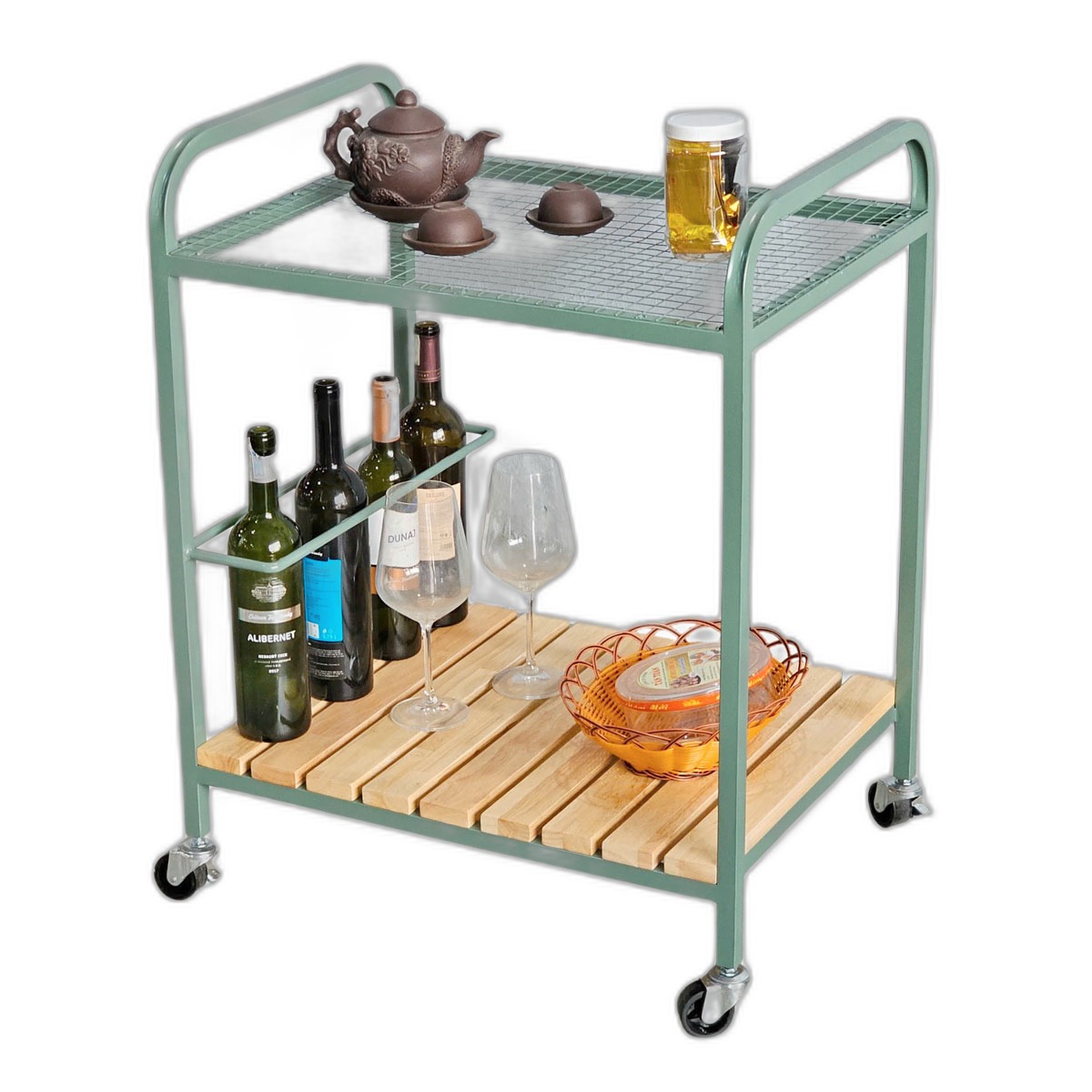 Xe đẩy rượu trà 60x45x85cm khung sắt gỗ cao su Xe đẩy rượu trà 60x45x85cm khung sắt gỗ cao su